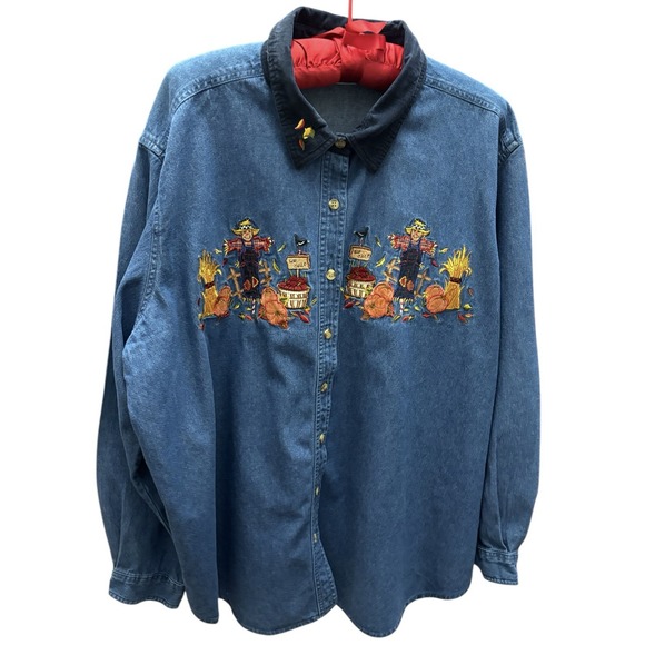 Bobbie Brooks Woman Denim Shirt 2X 26W 28W Embroidered Fall Scarecrow Pumpkins - Picture 1 of 11